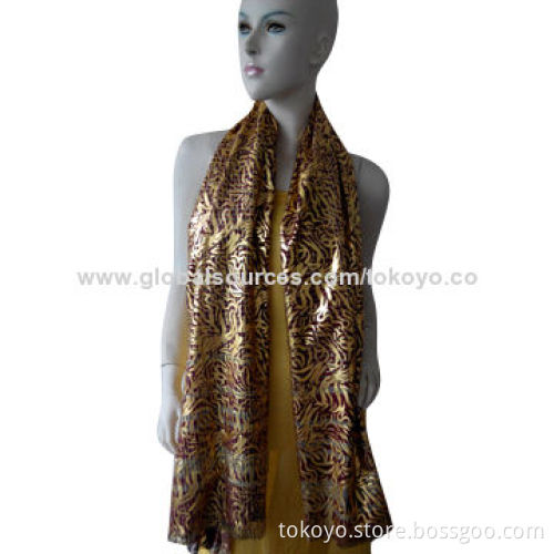 Yarn dyed poly scarf with golden foil, sized 180*70+1.5cm, self fringe